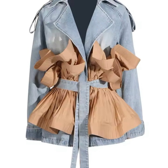 NEW WOMENS DENIM PATCHWORK RUFFLES JACKET MEDIUM - Picture 9 of 11